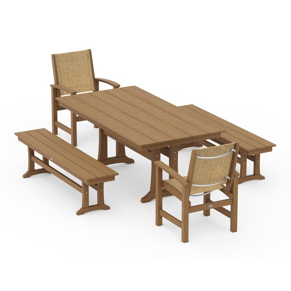 POLYWOOD® Outdoor Furniture POLYWOOD® - Coastal 5-Piece Farmhouse Dining Set with Trestle Legs and Benches - PWS1000