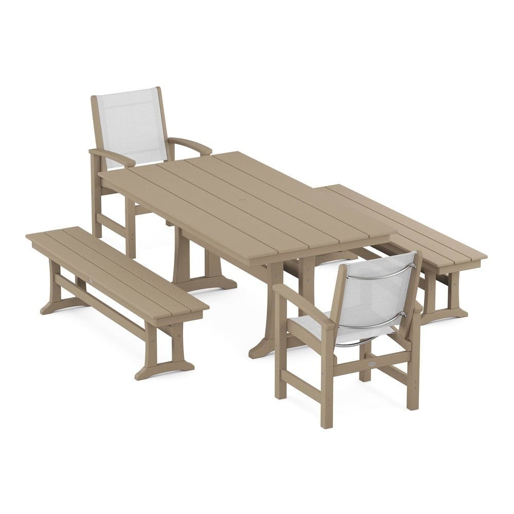 POLYWOOD® Outdoor Furniture Vintage Sahara / White Sling POLYWOOD® - Coastal 5-Piece Farmhouse Dining Set with Trestle Legs and Benches - PWS1000