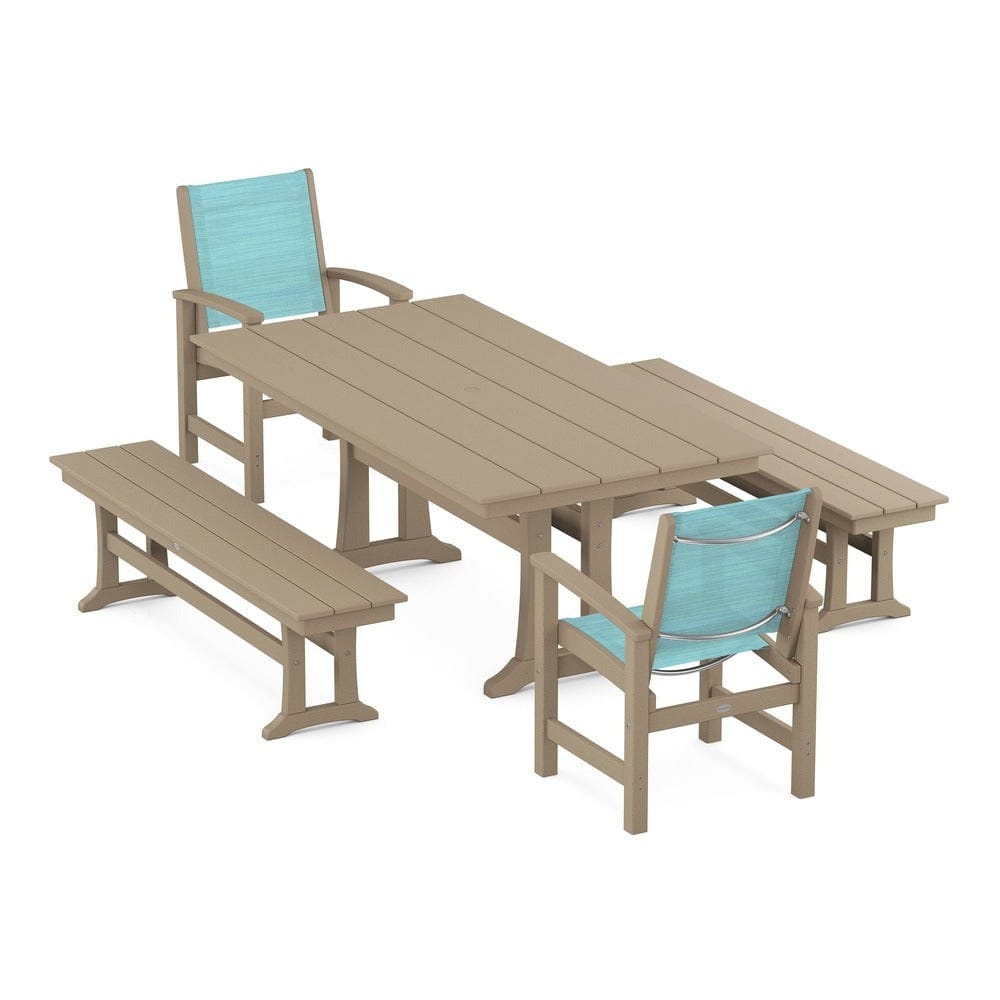 POLYWOOD® - Coastal 5-Piece Farmhouse Dining Set with Trestle Legs and Benches - PWS1000