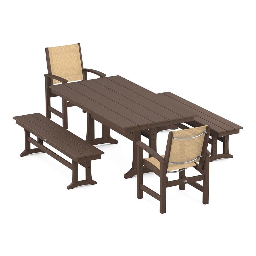 POLYWOOD® Outdoor Furniture Mahogany / Dupioni Apricot Sling POLYWOOD® - Coastal 5-Piece Farmhouse Dining Set with Trestle Legs and Benches - PWS1000
