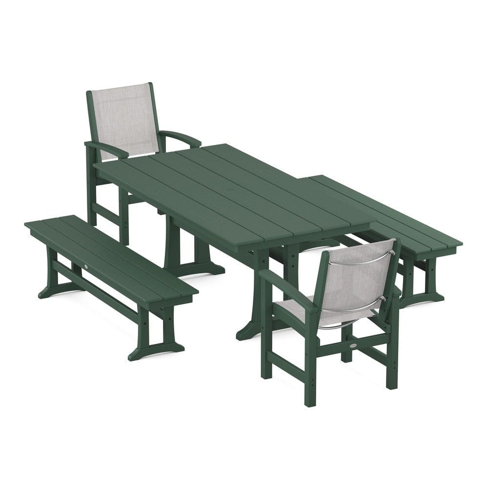 POLYWOOD® Outdoor Furniture Green / Parchment Sling POLYWOOD® - Coastal 5-Piece Farmhouse Dining Set with Trestle Legs and Benches - PWS1000