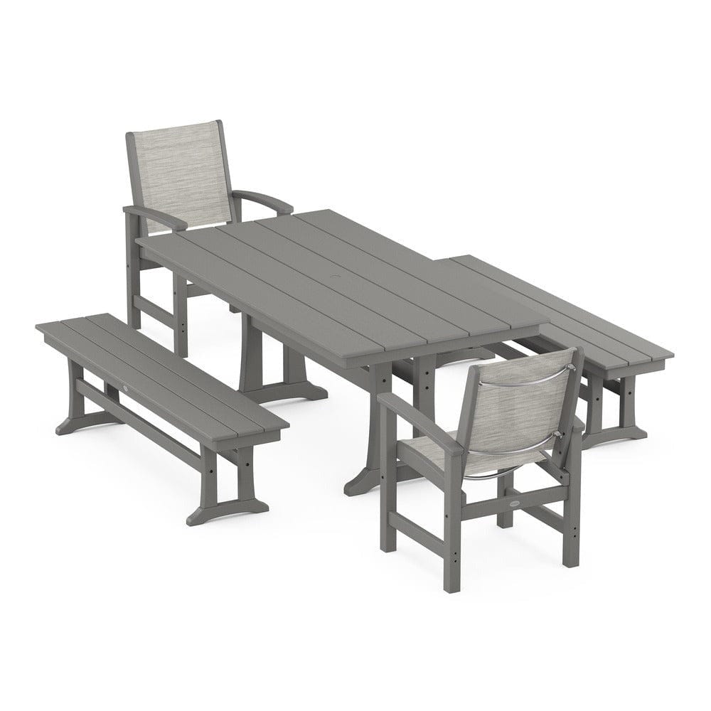 POLYWOOD® Outdoor Furniture Slate Grey / Birch Sling POLYWOOD® - Coastal 5-Piece Farmhouse Dining Set with Trestle Legs and Benches - PWS1000