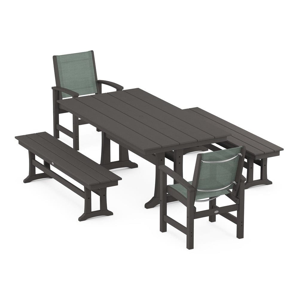 POLYWOOD® Outdoor Furniture Vintage Coffee / Dupioni Sea Mist Sling POLYWOOD® - Coastal 5-Piece Farmhouse Dining Set with Trestle Legs and Benches - PWS1000