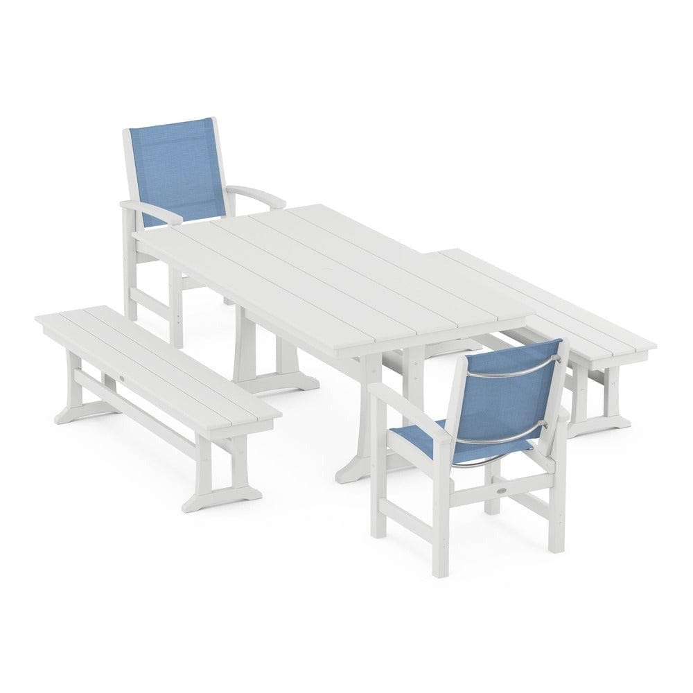 POLYWOOD® Outdoor Furniture White / Poolside Sling POLYWOOD® - Coastal 5-Piece Farmhouse Dining Set with Trestle Legs and Benches - PWS1000