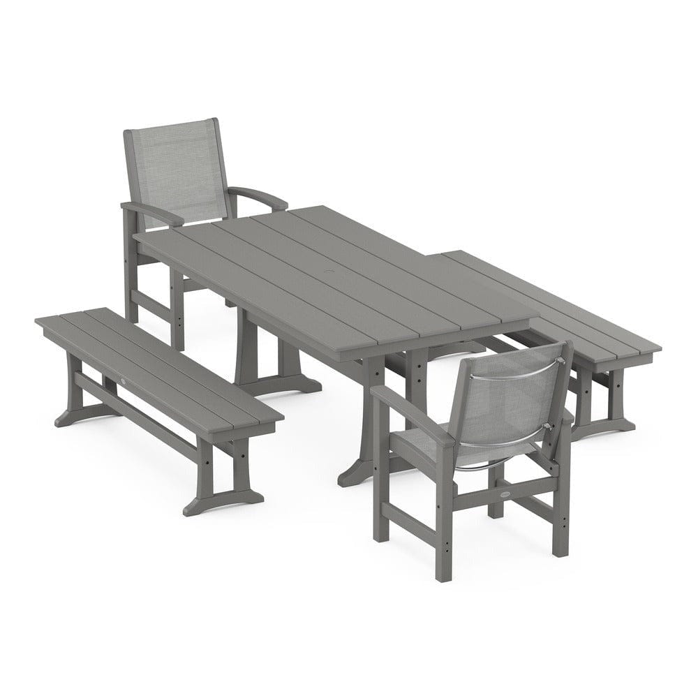 POLYWOOD® Outdoor Furniture Slate Grey / Metallic Sling POLYWOOD® - Coastal 5-Piece Farmhouse Dining Set with Trestle Legs and Benches - PWS1000