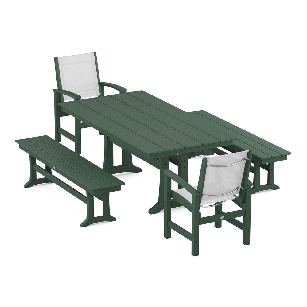POLYWOOD® Outdoor Furniture Green / White Sling POLYWOOD® - Coastal 5-Piece Farmhouse Dining Set with Trestle Legs and Benches - PWS1000