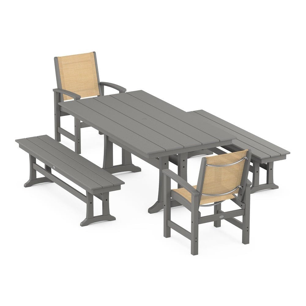 POLYWOOD® Outdoor Furniture Slate Grey / Dupioni Apricot Sling POLYWOOD® - Coastal 5-Piece Farmhouse Dining Set with Trestle Legs and Benches - PWS1000