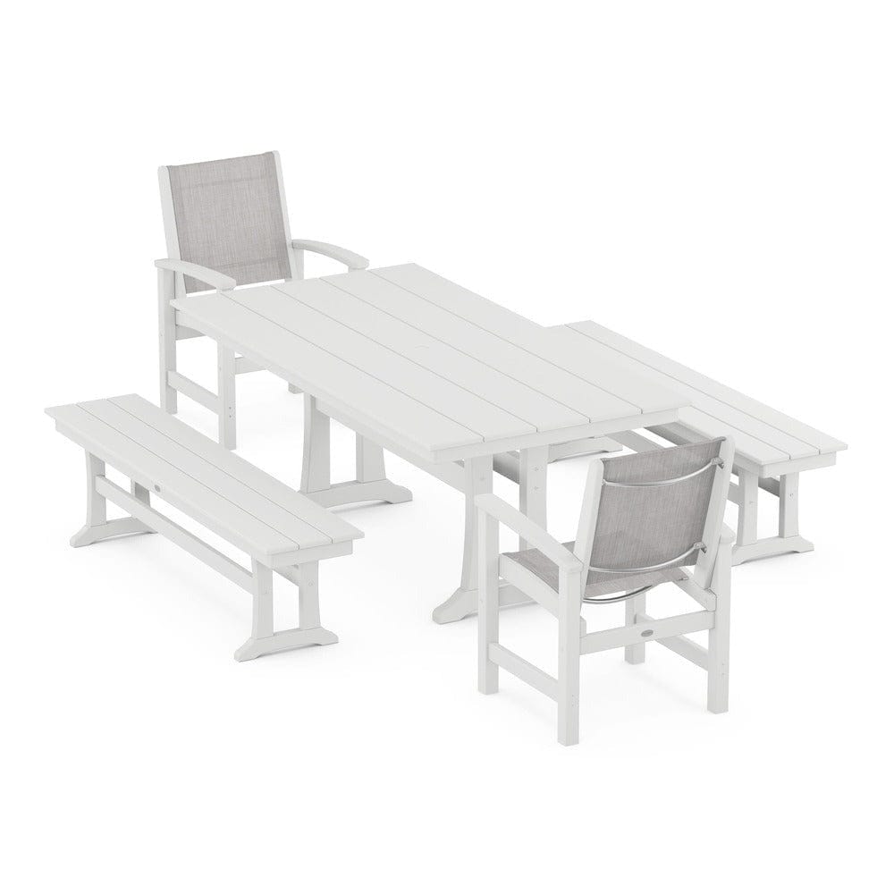POLYWOOD® Outdoor Furniture White / Parchment Sling POLYWOOD® - Coastal 5-Piece Farmhouse Dining Set with Trestle Legs and Benches - PWS1000