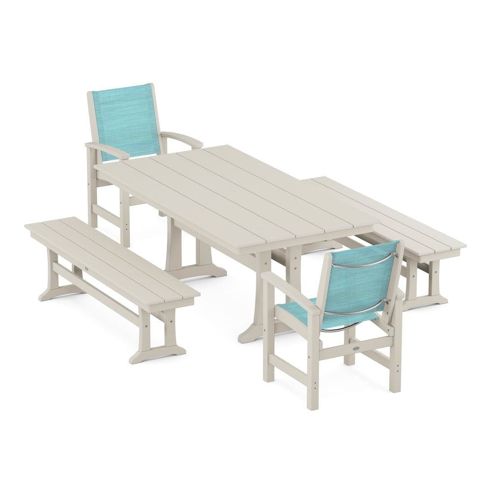 POLYWOOD® Outdoor Furniture Sand / Dupioni Aquamarine Sling POLYWOOD® - Coastal 5-Piece Farmhouse Dining Set with Trestle Legs and Benches - PWS1000
