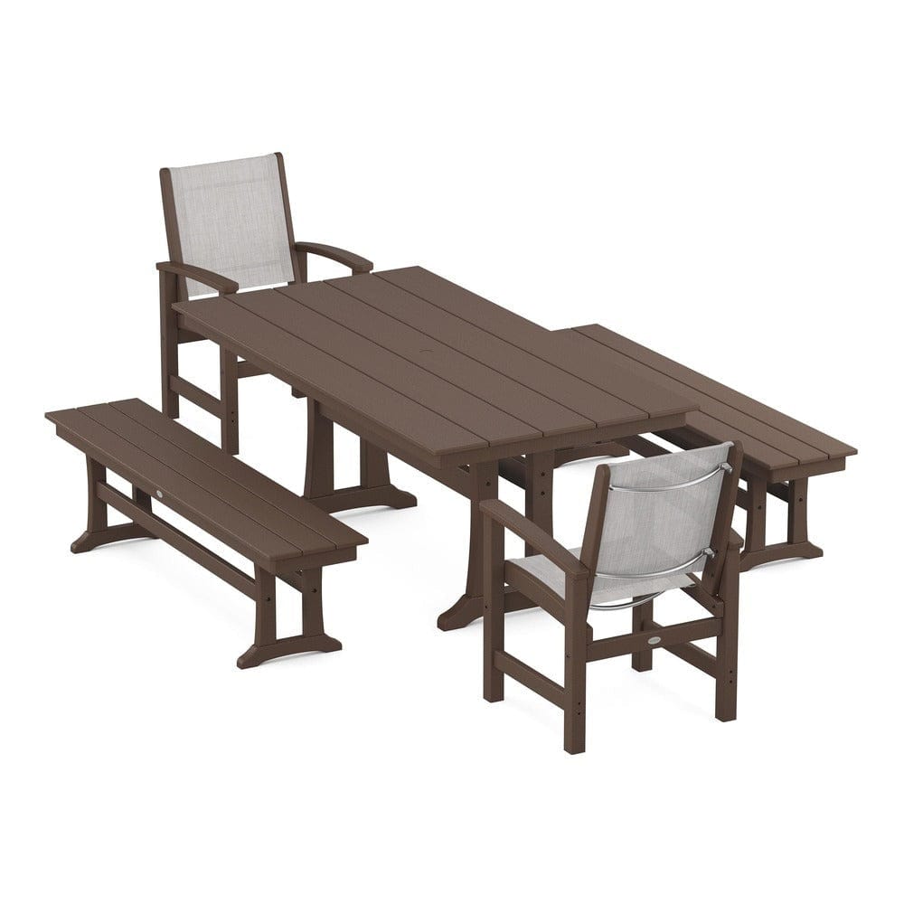 POLYWOOD® Outdoor Furniture Mahogany / Parchment Sling POLYWOOD® - Coastal 5-Piece Farmhouse Dining Set with Trestle Legs and Benches - PWS1000