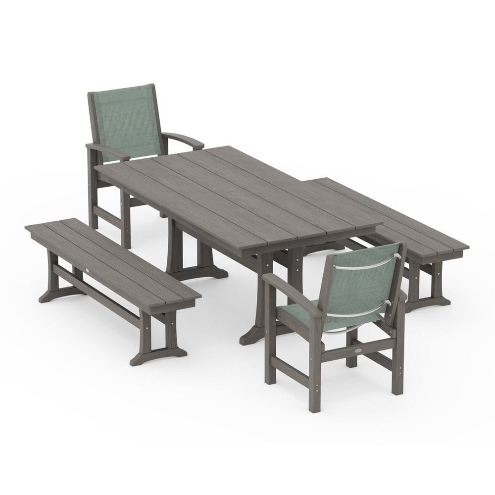 POLYWOOD® Outdoor Furniture POLYWOOD® - Coastal 5-Piece Farmhouse Dining Set with Trestle Legs and Benches - PWS1000