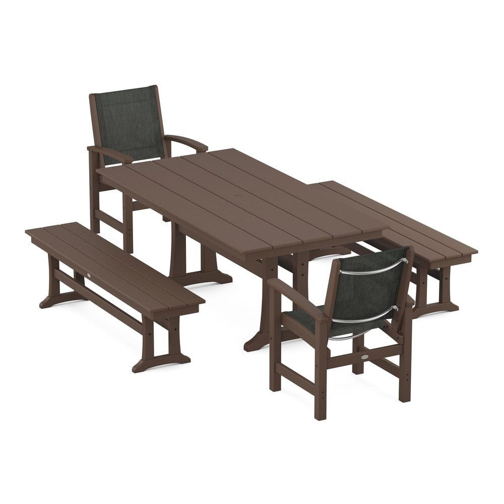 POLYWOOD® Outdoor Furniture Mahogany / Ember Sling POLYWOOD® - Coastal 5-Piece Farmhouse Dining Set with Trestle Legs and Benches - PWS1000