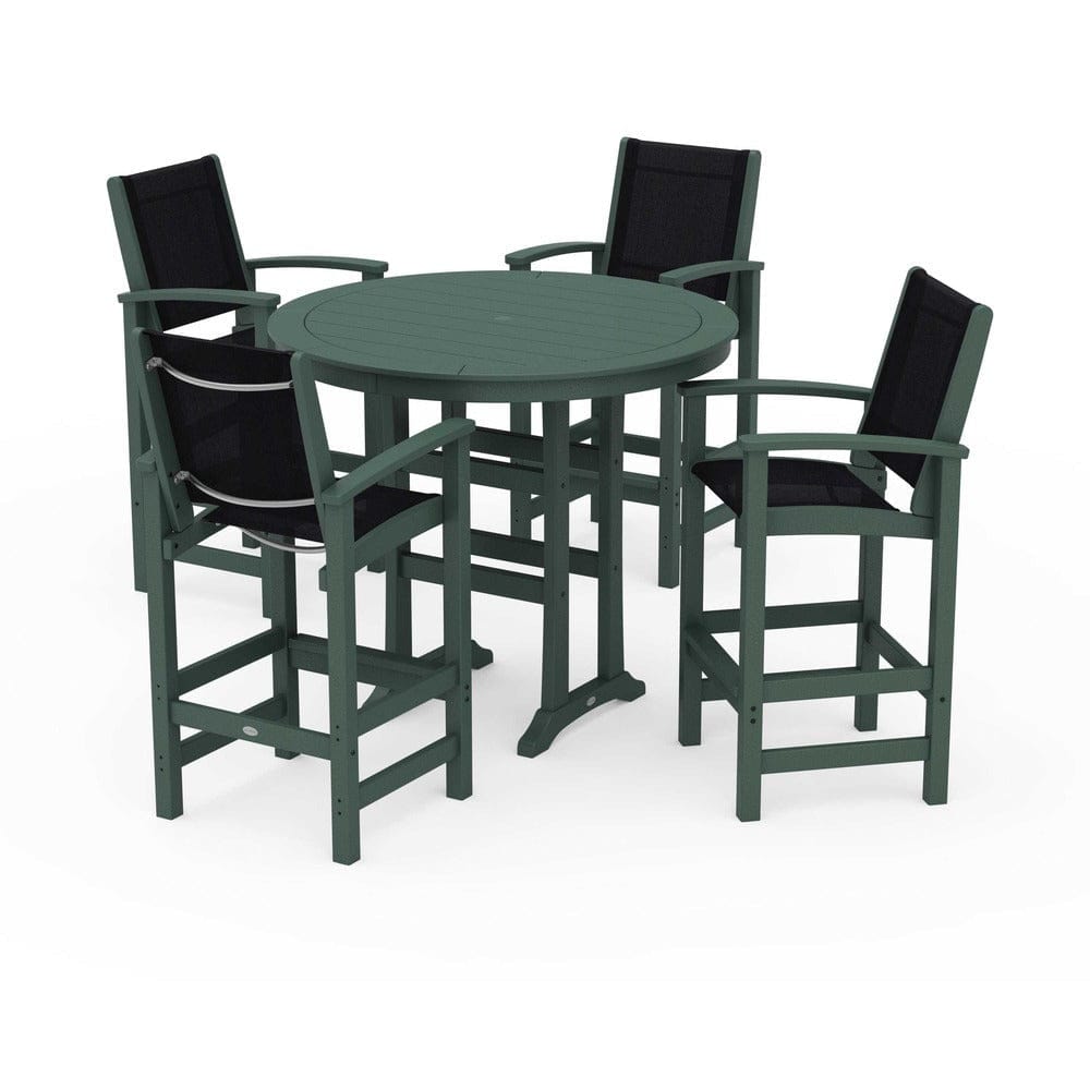 POLYWOOD® Outdoor Furniture Green / Black Sling POLYWOOD® - Coastal 5-Piece Nautical Trestle Bar Set - PWS304