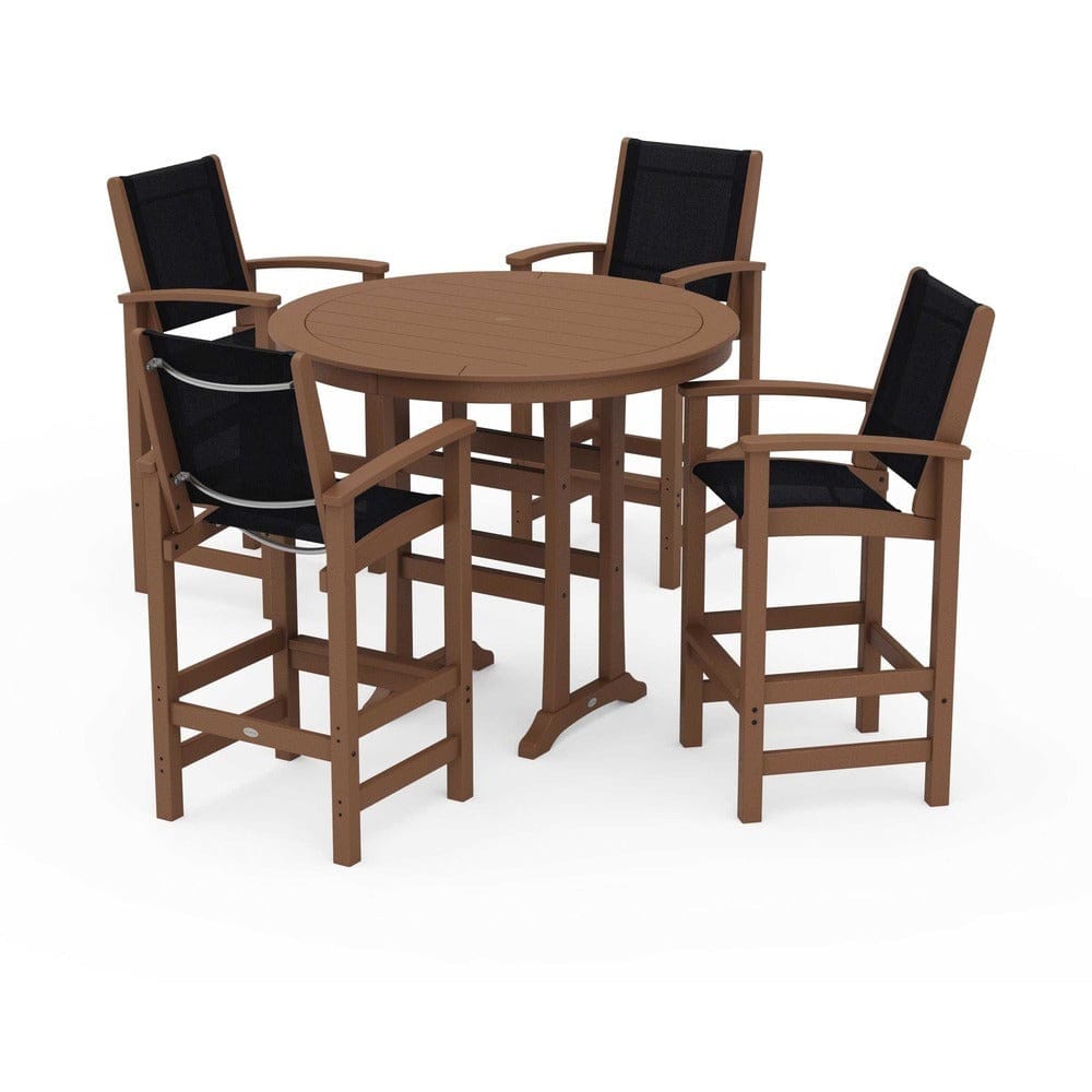 POLYWOOD® Outdoor Furniture Teak / Black Sling POLYWOOD® - Coastal 5-Piece Nautical Trestle Bar Set - PWS304