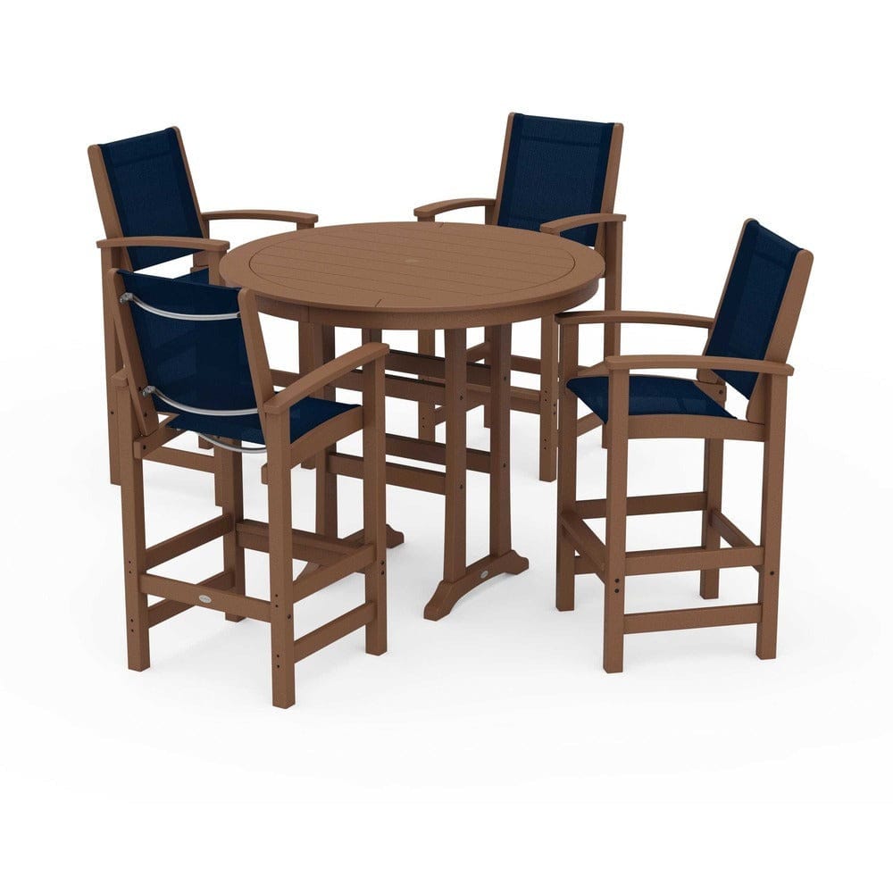 POLYWOOD® Outdoor Furniture Teak / Navy Blue Sling POLYWOOD® - Coastal 5-Piece Nautical Trestle Bar Set - PWS304