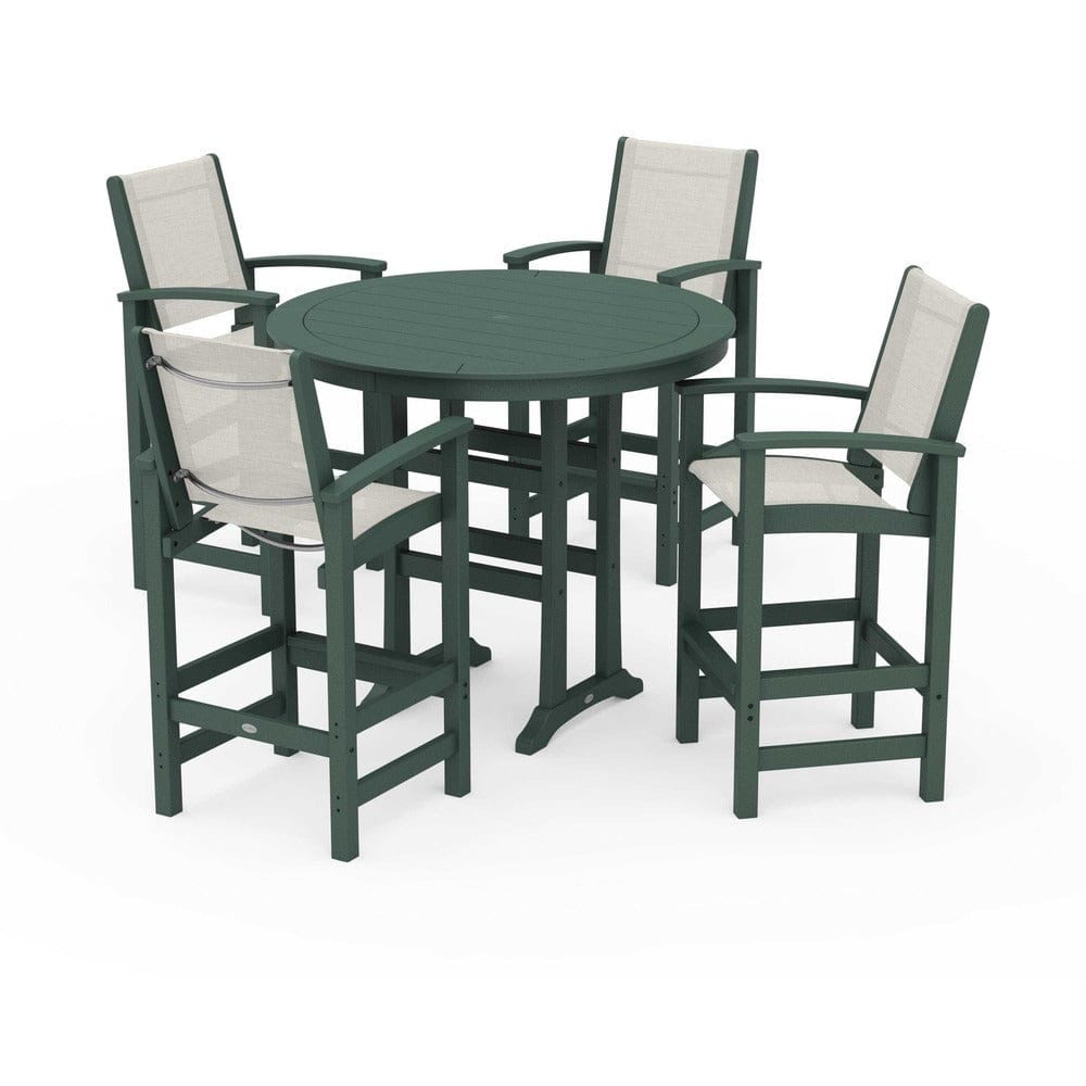 POLYWOOD® Outdoor Furniture Green / Parchment Sling POLYWOOD® - Coastal 5-Piece Nautical Trestle Bar Set - PWS304