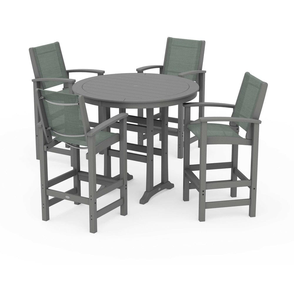 POLYWOOD® Outdoor Furniture Slate Grey / Dupioni Sea Mist Sling POLYWOOD® - Coastal 5-Piece Nautical Trestle Bar Set - PWS304