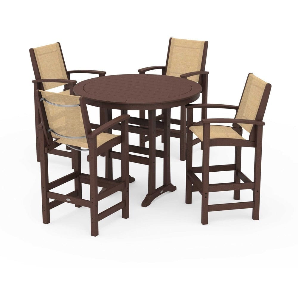 POLYWOOD® Outdoor Furniture Mahogany / Dupioni Apricot Sling POLYWOOD® - Coastal 5-Piece Nautical Trestle Bar Set - PWS304