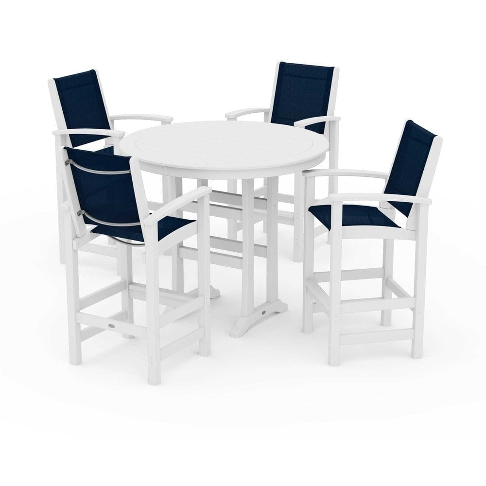 POLYWOOD® Outdoor Furniture White / Navy Blue Sling POLYWOOD® - Coastal 5-Piece Nautical Trestle Bar Set - PWS304