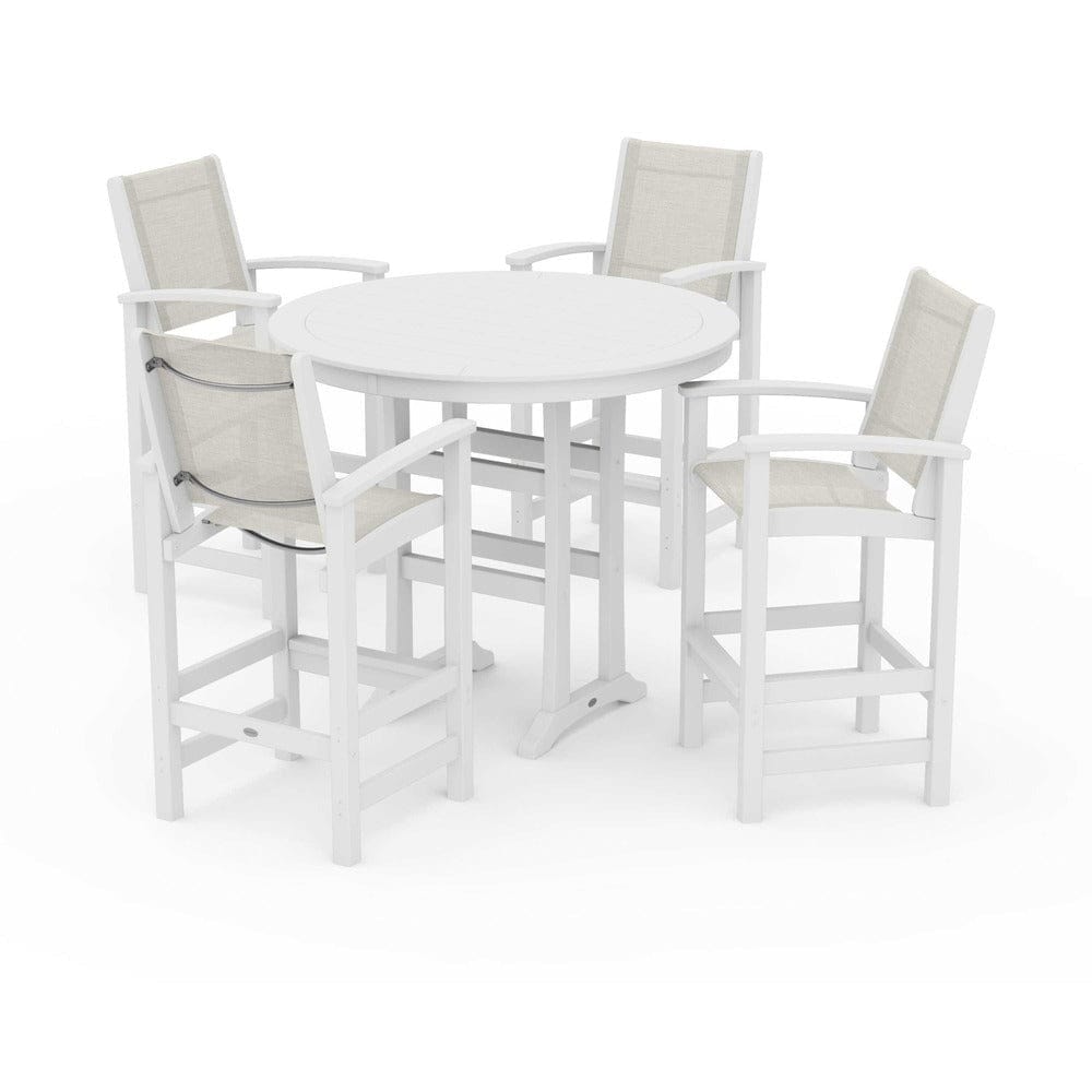 POLYWOOD® Outdoor Furniture White / Parchment Sling POLYWOOD® - Coastal 5-Piece Nautical Trestle Bar Set - PWS304