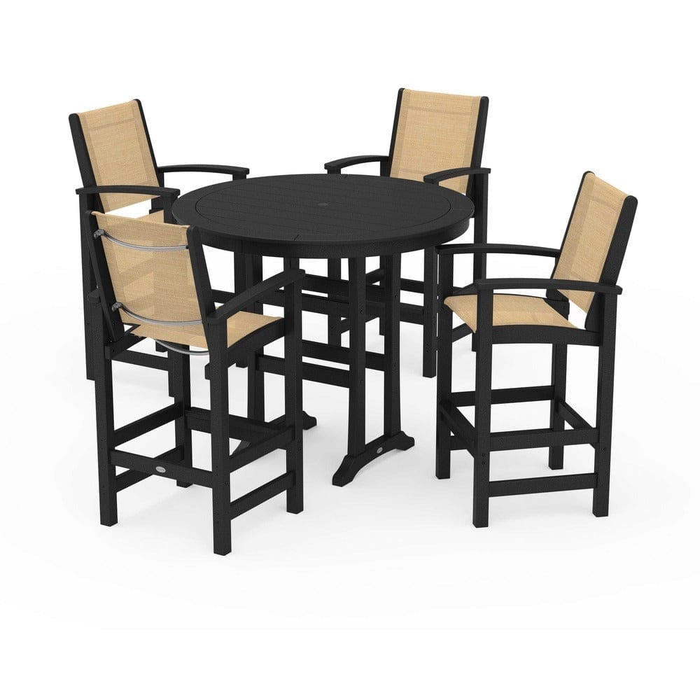 POLYWOOD® Outdoor Furniture Black / Dupioni Apricot Sling POLYWOOD® - Coastal 5-Piece Nautical Trestle Bar Set - PWS304