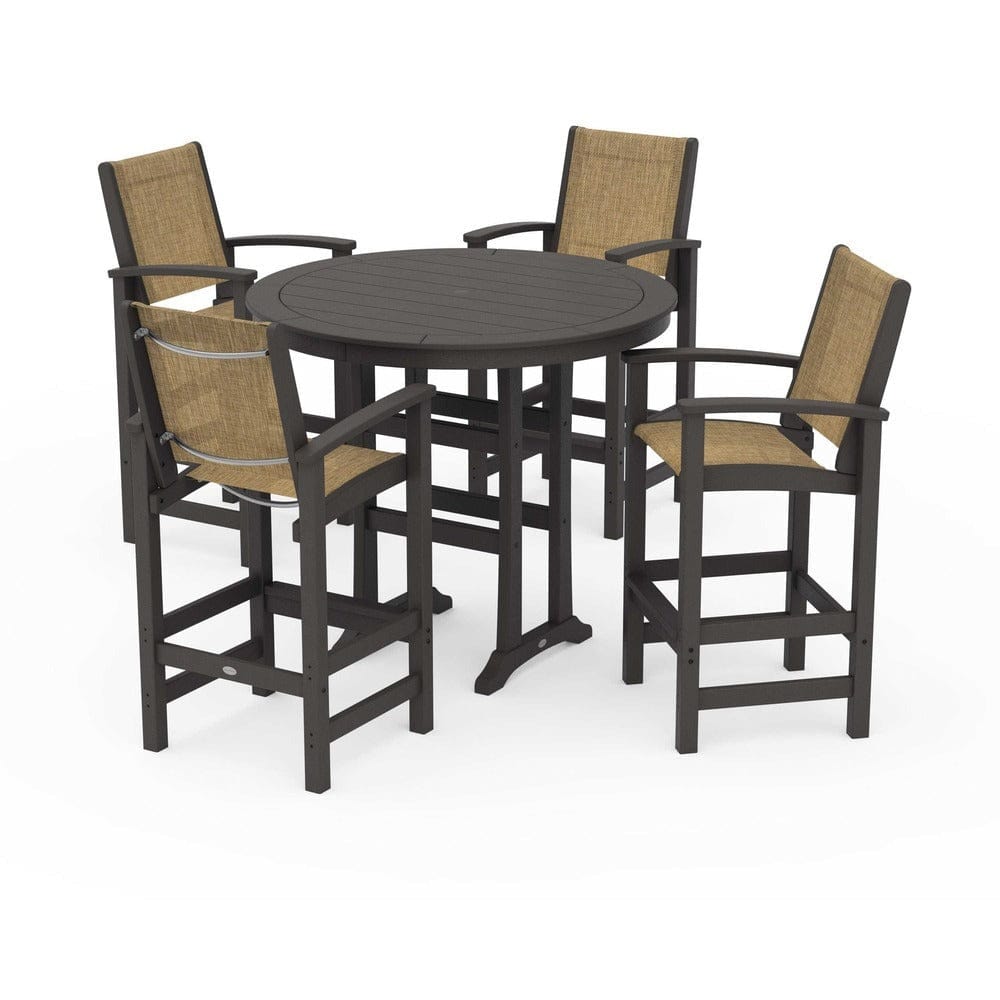 POLYWOOD® Outdoor Furniture Vintage Coffee / Burlap Sling POLYWOOD® - Coastal 5-Piece Nautical Trestle Bar Set - PWS304