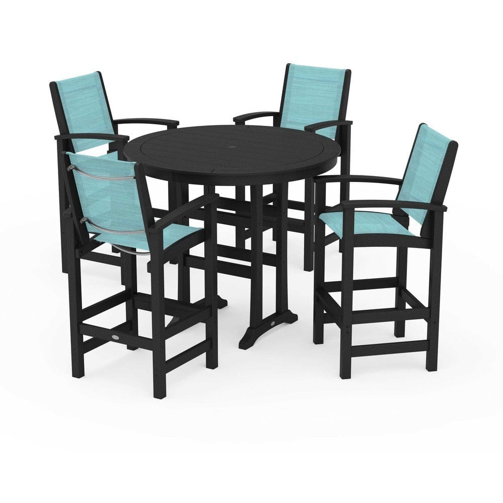 POLYWOOD® Outdoor Furniture Black / Dupioni Aquamarine Sling POLYWOOD® - Coastal 5-Piece Nautical Trestle Bar Set - PWS304