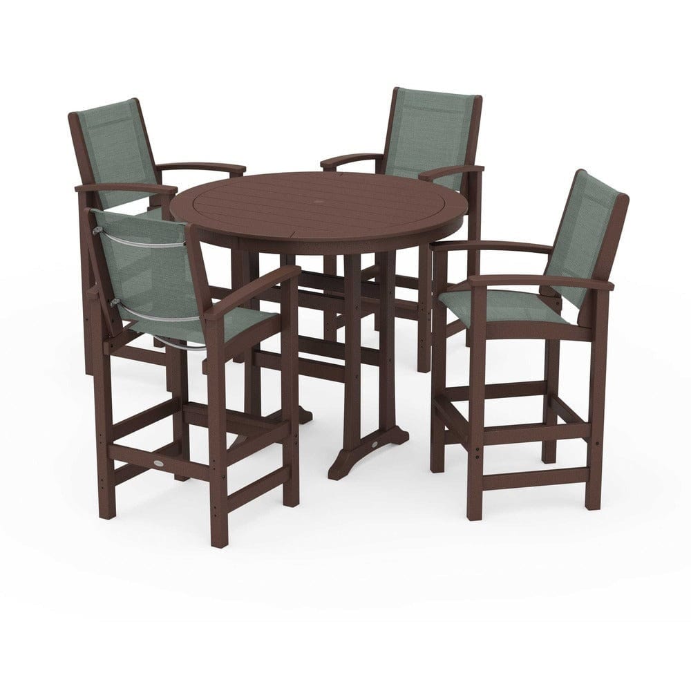 POLYWOOD® Outdoor Furniture Mahogany / Dupioni Sea Mist Sling POLYWOOD® - Coastal 5-Piece Nautical Trestle Bar Set - PWS304