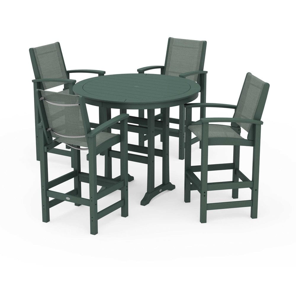 POLYWOOD® Outdoor Furniture Green / Dupioni Sea Mist Sling POLYWOOD® - Coastal 5-Piece Nautical Trestle Bar Set - PWS304