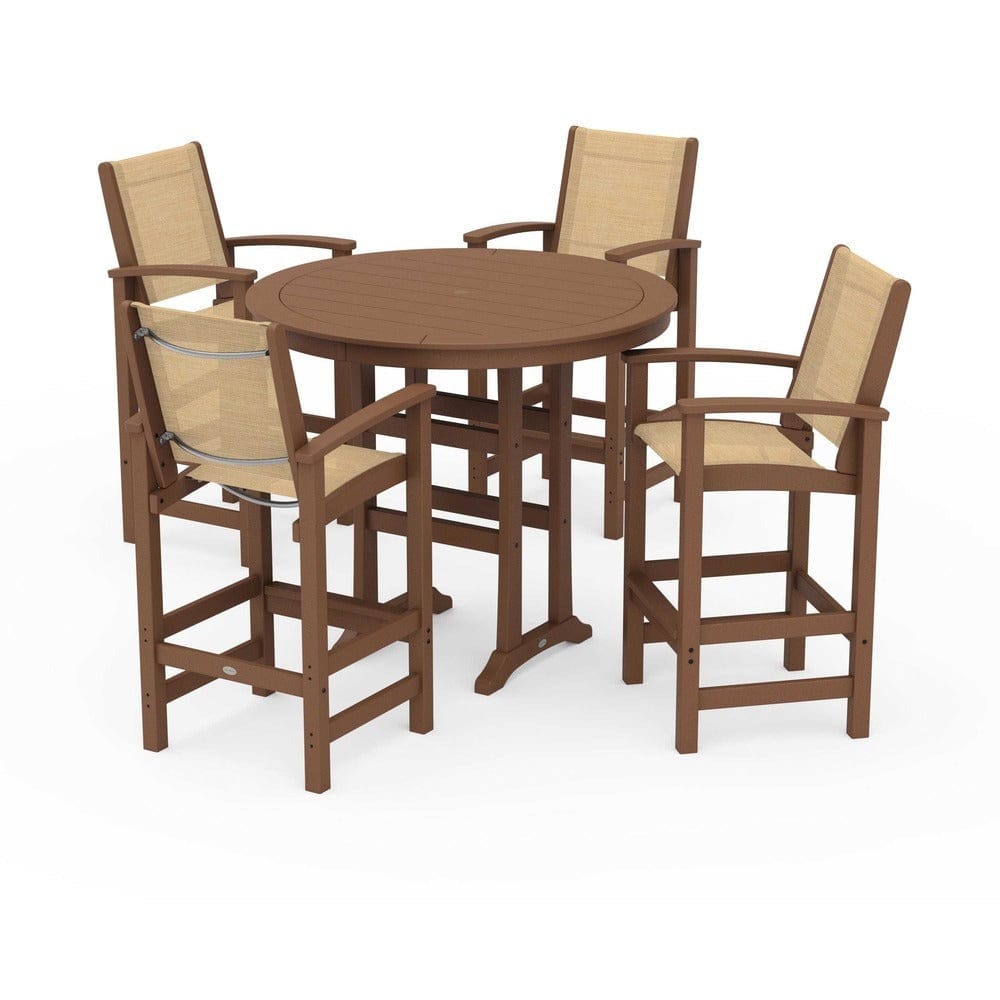 POLYWOOD® Outdoor Furniture Teak / Dupioni Apricot Sling POLYWOOD® - Coastal 5-Piece Nautical Trestle Bar Set - PWS304