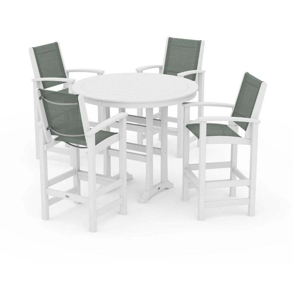 POLYWOOD® Outdoor Furniture White / Dupioni Sea Mist Sling POLYWOOD® - Coastal 5-Piece Nautical Trestle Bar Set - PWS304