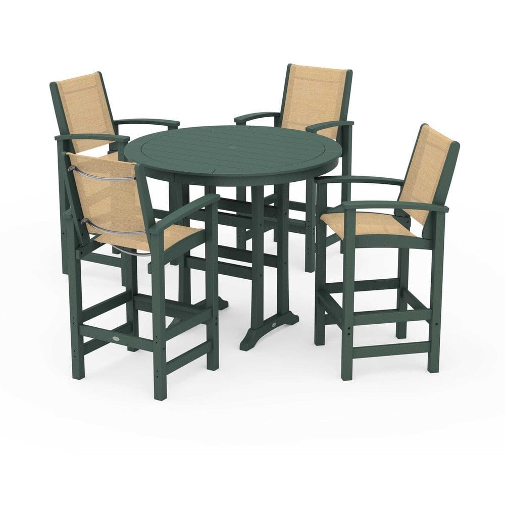 POLYWOOD® Outdoor Furniture Green / Dupioni Apricot Sling POLYWOOD® - Coastal 5-Piece Nautical Trestle Bar Set - PWS304