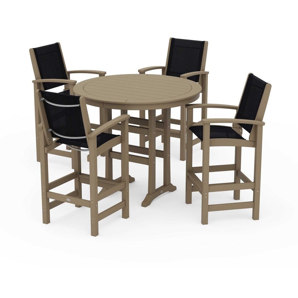 POLYWOOD® Outdoor Furniture Vintage Sahara / Black Sling POLYWOOD® - Coastal 5-Piece Nautical Trestle Bar Set - PWS304
