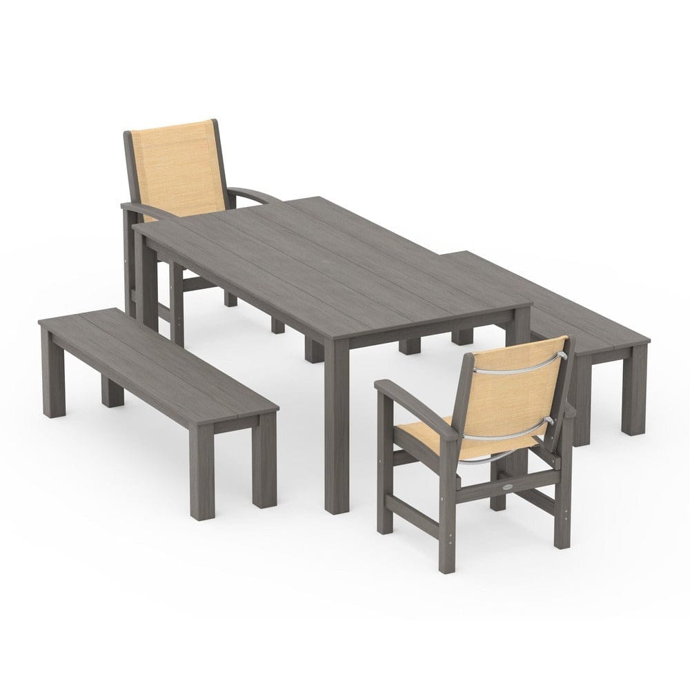 POLYWOOD® Outdoor Furniture POLYWOOD® - Coastal 5-Piece Parsons Dining Set with Benches - PWS2277