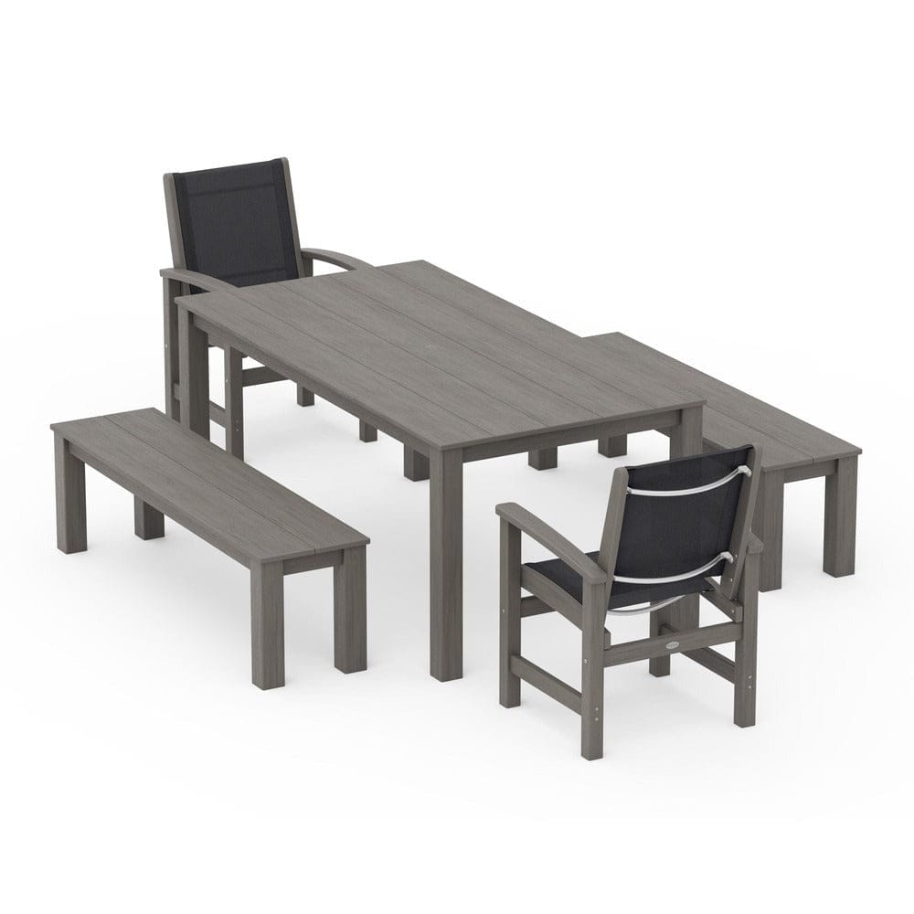 POLYWOOD® Outdoor Furniture Driftwood / Black Sling POLYWOOD® - Coastal 5-Piece Parsons Dining Set with Benches - PWS2277