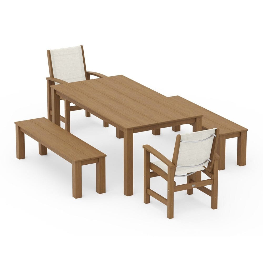 POLYWOOD® Outdoor Furniture Natural / Parchment Sling POLYWOOD® - Coastal 5-Piece Parsons Dining Set with Benches - PWS2277
