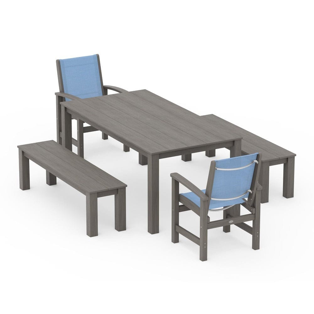 POLYWOOD® Outdoor Furniture Driftwood / Poolside Sling POLYWOOD® - Coastal 5-Piece Parsons Dining Set with Benches - PWS2277