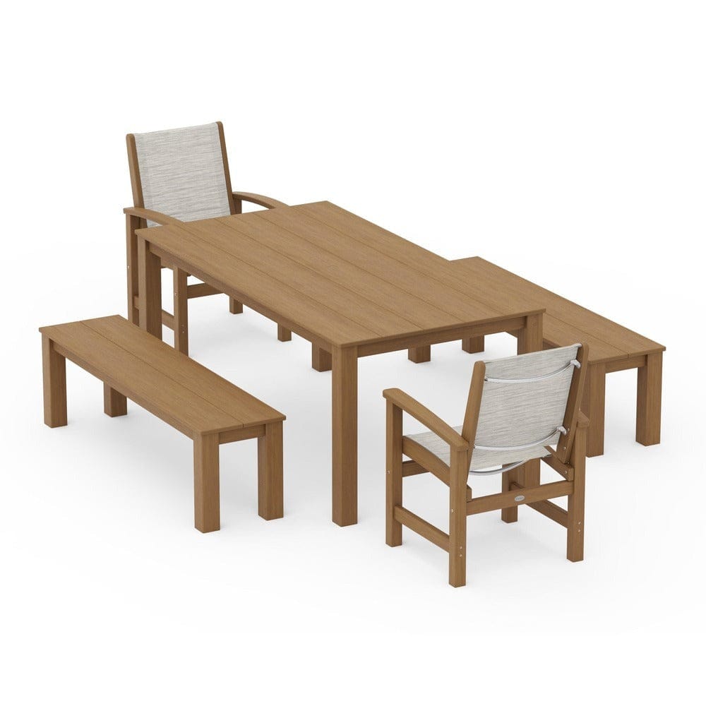 POLYWOOD® Outdoor Furniture Natural / Birch Sling POLYWOOD® - Coastal 5-Piece Parsons Dining Set with Benches - PWS2277