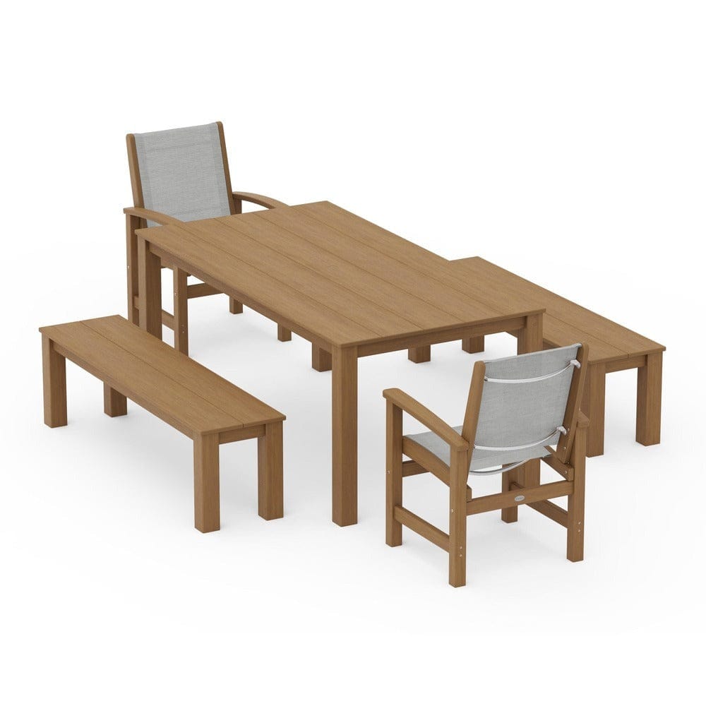 POLYWOOD® Outdoor Furniture Natural / Metallic Sling POLYWOOD® - Coastal 5-Piece Parsons Dining Set with Benches - PWS2277
