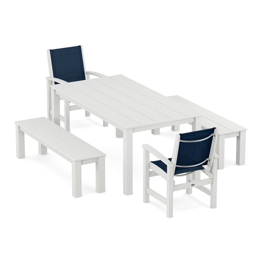 POLYWOOD® Outdoor Furniture White / Navy Blue Sling POLYWOOD® - Coastal 5-Piece Parsons Dining Set with Benches - PWS2277
