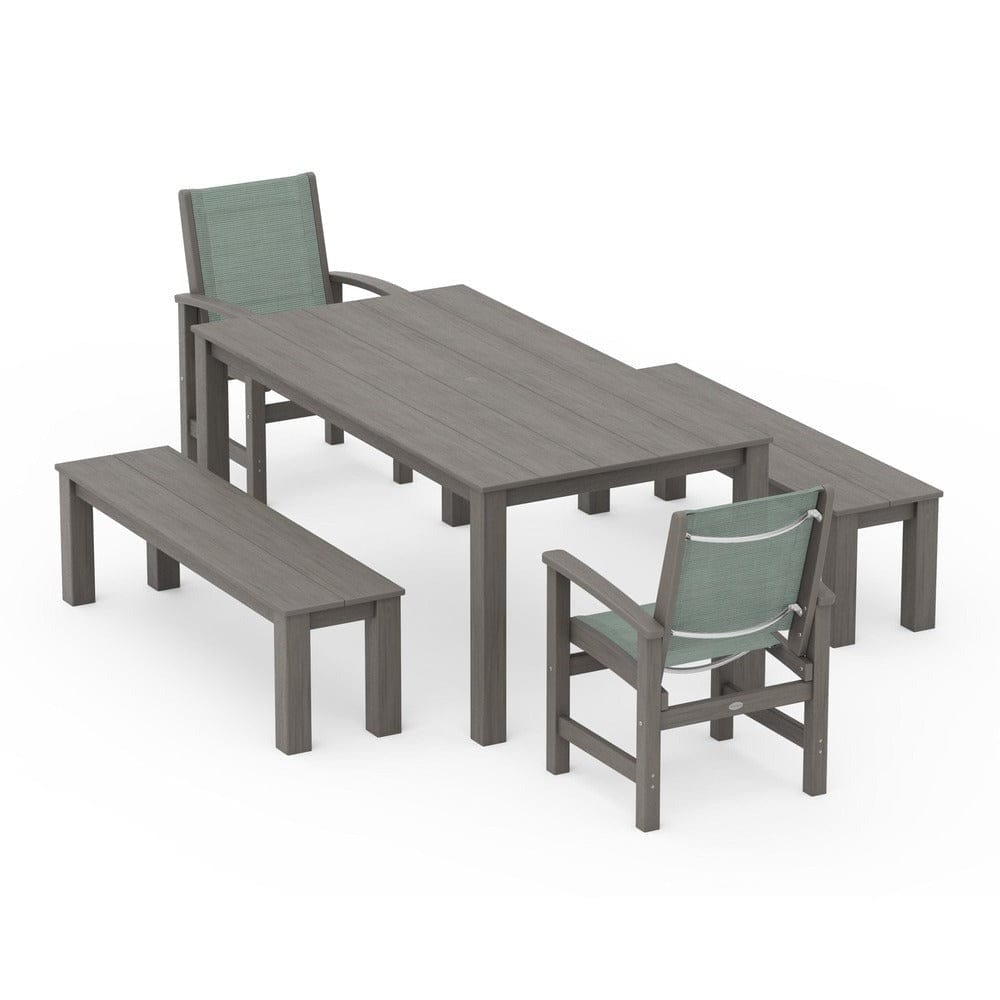 POLYWOOD® Outdoor Furniture POLYWOOD® - Coastal 5-Piece Parsons Dining Set with Benches - PWS2277