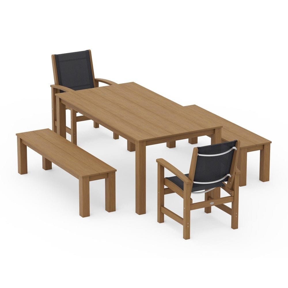 POLYWOOD® Outdoor Furniture Natural / Black Sling POLYWOOD® - Coastal 5-Piece Parsons Dining Set with Benches - PWS2277