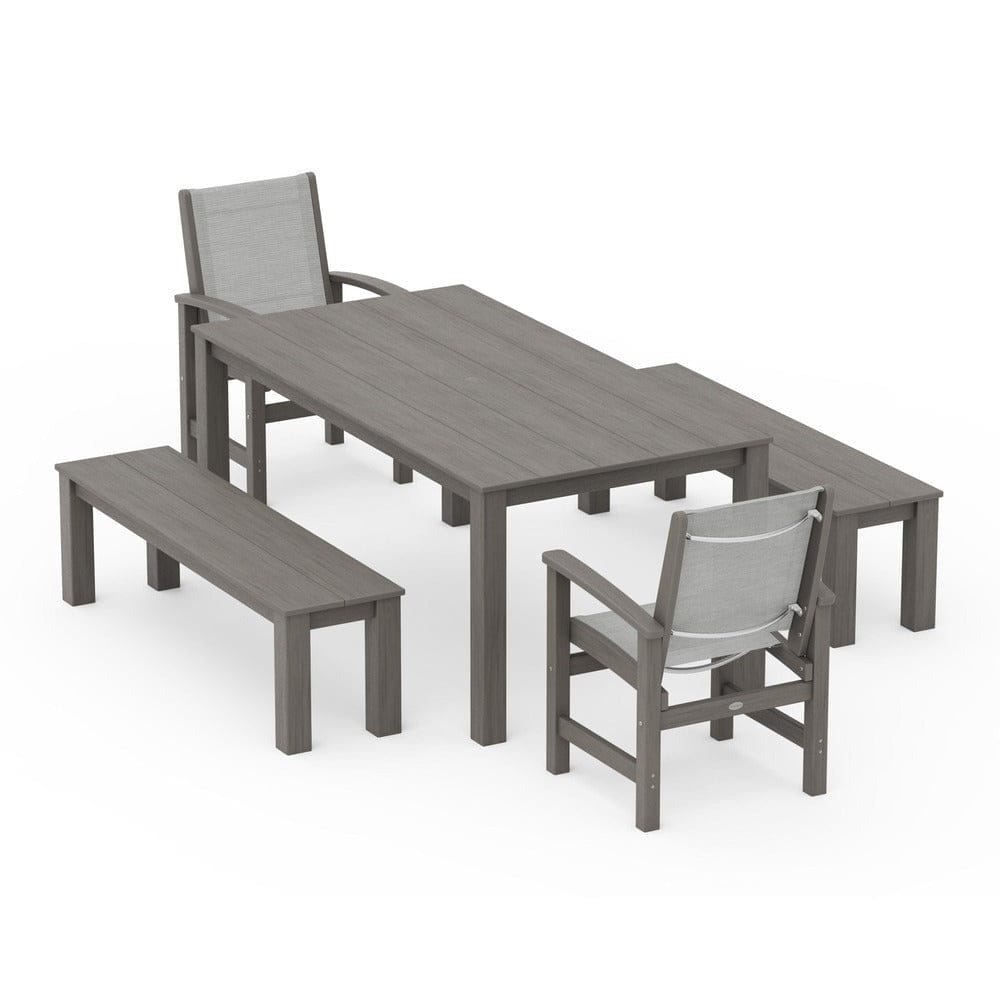 POLYWOOD® Outdoor Furniture POLYWOOD® - Coastal 5-Piece Parsons Dining Set with Benches - PWS2277