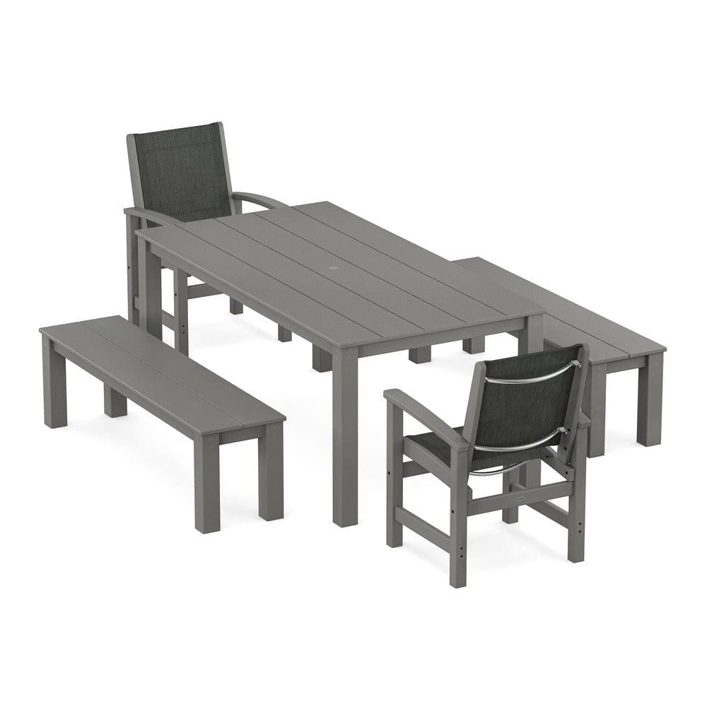 POLYWOOD® Outdoor Furniture Slate Grey / Ember Sling POLYWOOD® - Coastal 5-Piece Parsons Dining Set with Benches - PWS2277