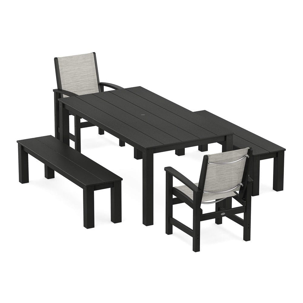 POLYWOOD® Outdoor Furniture Black / Birch Sling POLYWOOD® - Coastal 5-Piece Parsons Dining Set with Benches - PWS2277