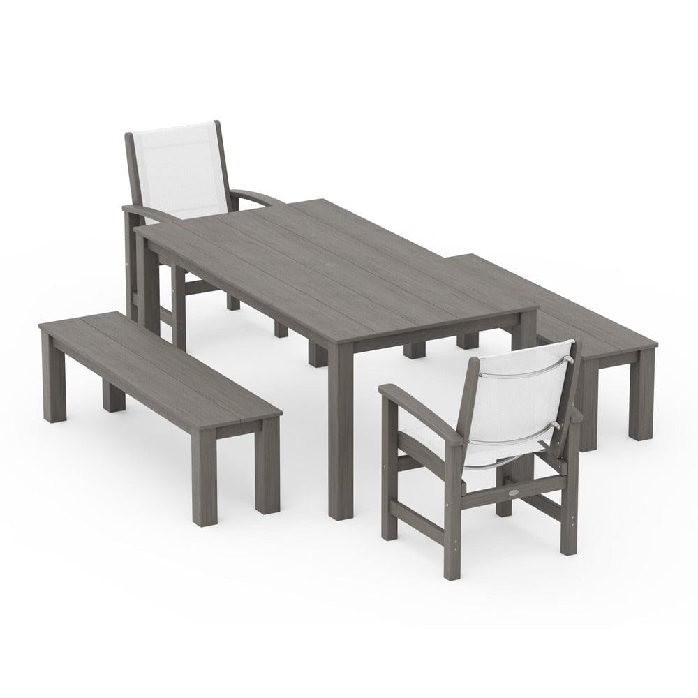 POLYWOOD® Outdoor Furniture Driftwood / White Sling POLYWOOD® - Coastal 5-Piece Parsons Dining Set with Benches - PWS2277