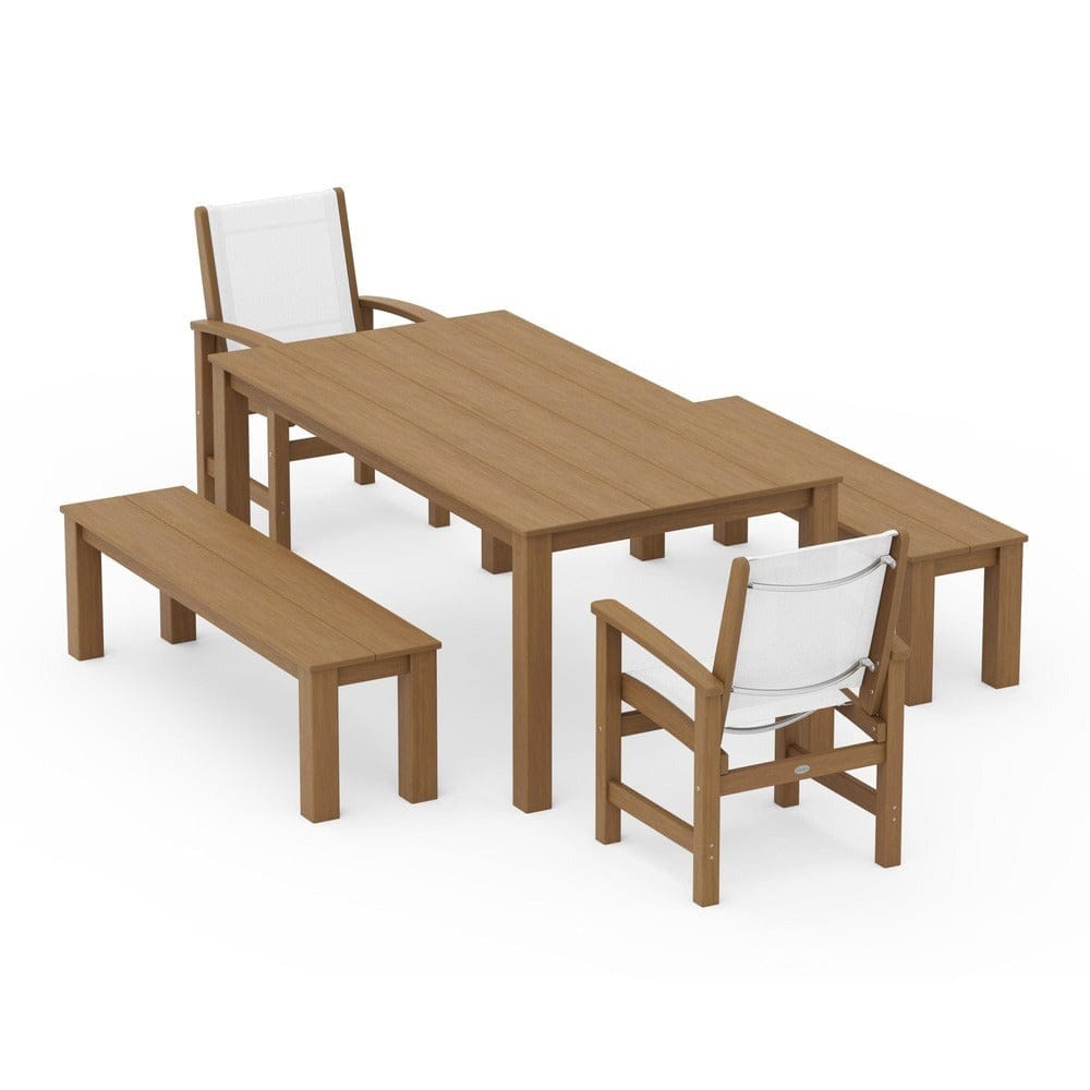 POLYWOOD® Outdoor Furniture Natural / White Sling POLYWOOD® - Coastal 5-Piece Parsons Dining Set with Benches - PWS2277
