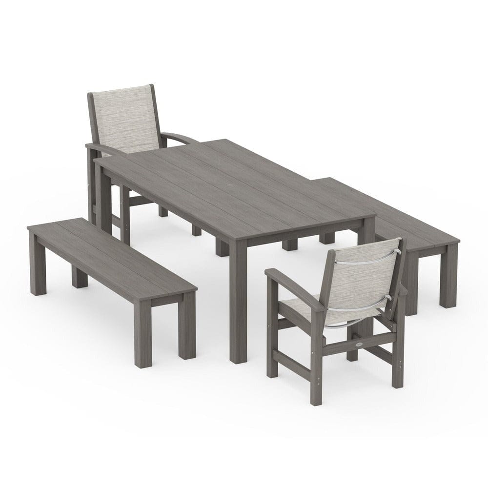 POLYWOOD® Outdoor Furniture Driftwood / Birch Sling POLYWOOD® - Coastal 5-Piece Parsons Dining Set with Benches - PWS2277