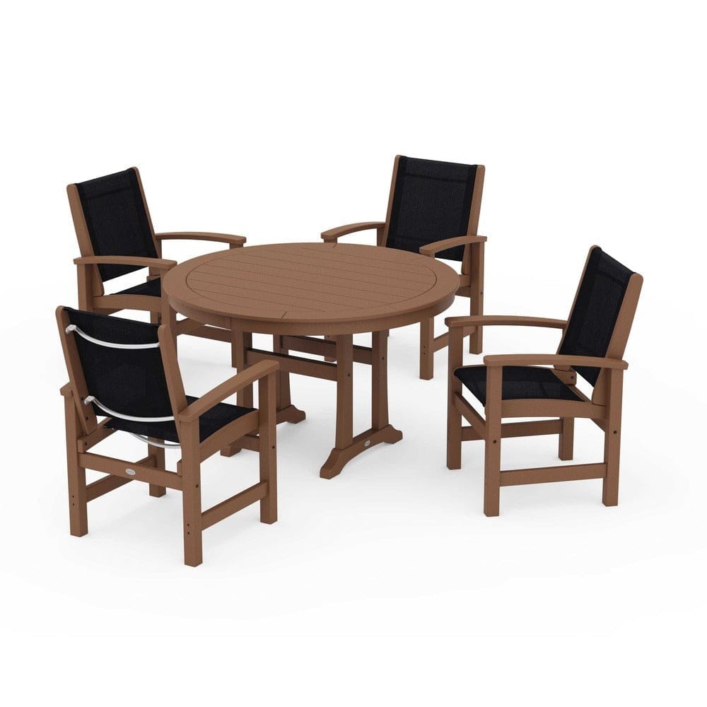 POLYWOOD® Outdoor Furniture Teak / Black Sling POLYWOOD® - Coastal 5-Piece Round Dining Set with Trestle Legs - PWS1119
