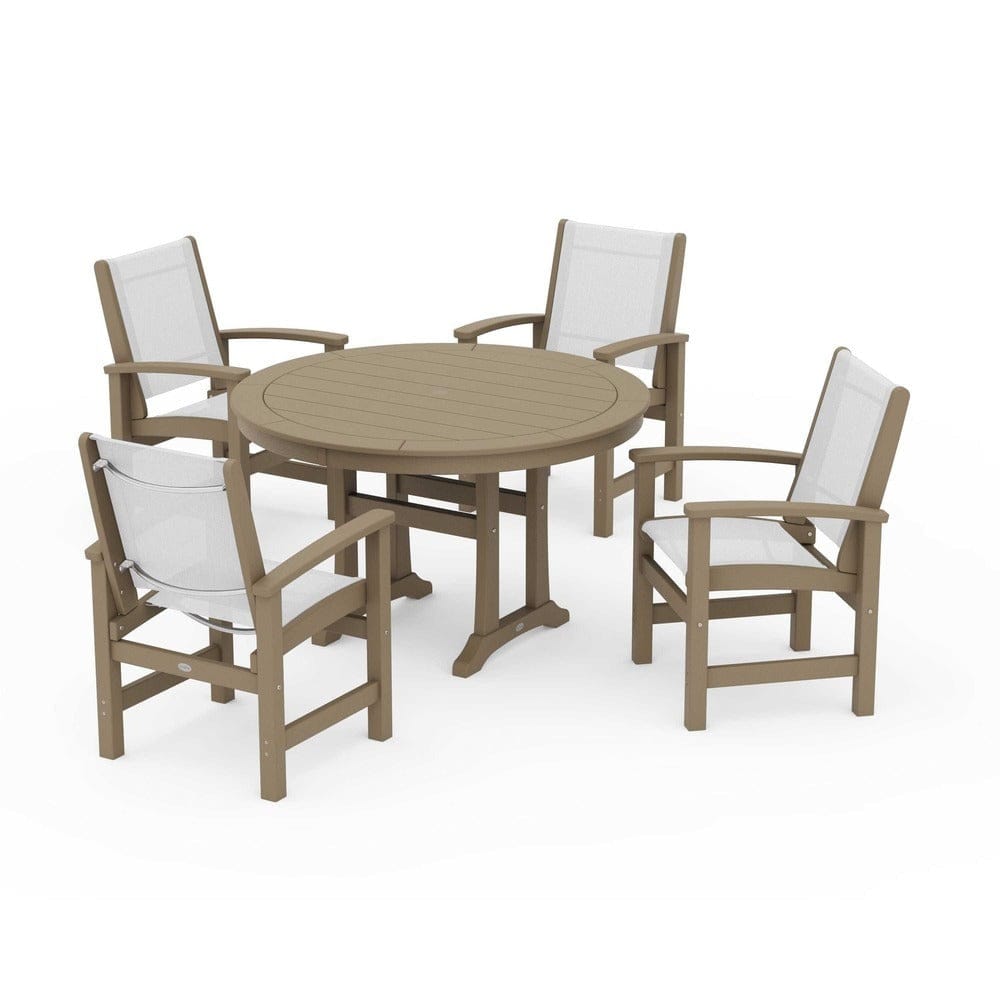 POLYWOOD® Outdoor Furniture Vintage Sahara / White Sling POLYWOOD® - Coastal 5-Piece Round Dining Set with Trestle Legs - PWS1119